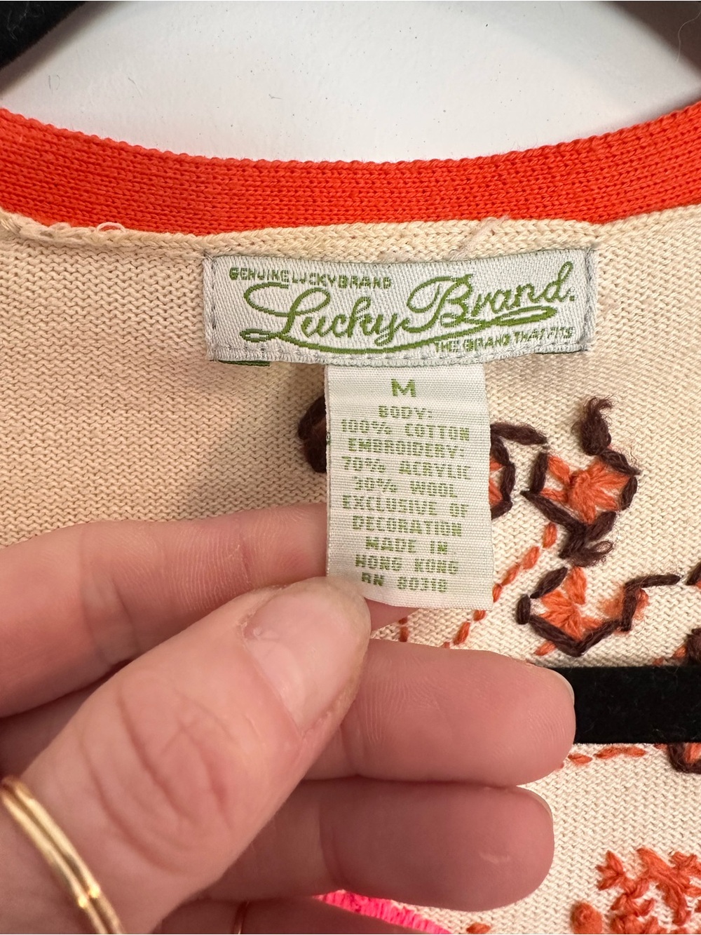 Vintage Lucky Brand Cream V-Neck Cardigan w/ Orange Trim & Floral Embroidery - Picture 7 of 16